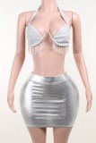 Silver Sexy Solid Tassel Bandage Backless Halter Sleeveless Two Pieces