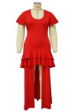 Красное повседневное сплошное платье с круглым вырезом и коротким рукавом с разрезом Платья больших размеров