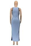 Небесно-голубое сексуальное сплошное лоскутное прозрачное длинное платье с круглым вырезом и разрезом Платья