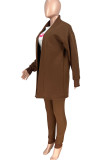 Dark Brown Casual Solid Patchwork Cardigan Collar Long Sleeve Two Pieces