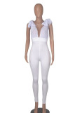 White Sexy Solid Patchwork See-through V Neck Regular Jumpsuits