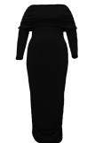 Black Street Solid Patchwork Fold Off the Shoulder One Step Skirt Plus Size Dresses
