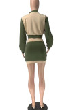 Green Casual Solid Patchwork Buckle Cardigan Collar Long Sleeve Two Pieces