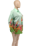 Light Green Casual Print Solid Patchwork Turndown Collar Tops