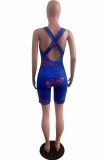 Blue Casual Print Backless Letter U Neck Rompers