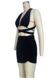 Black Sexy Solid Bandage Patchwork Backless Fold V Neck Sleeveless Two Pieces