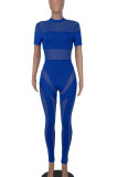 Blue Sexy Solid Patchwork See-through O Neck Skinny Jumpsuits