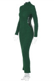 Vert Sexy Casual solide évidé Frenulum col roulé robes à manches longues