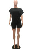 Black Casual Sportswear Solid Patchwork Draw String Oblique Collar Short Sleeve Two Pieces