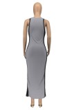 Grey Sexy Solid Patchwork See-through Slit O Neck Long Dress Dresses