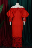 Red Elegant Solid Patchwork Off the Shoulder One Step Skirt Dresses(Without Brooch)