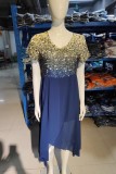 Navy Blue Casual Print Patchwork O Neck Short Sleeve Dress Dresses