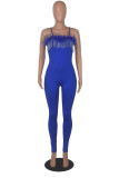 Blue Sexy Solid Tassel Patchwork Feathers Spaghetti Strap Skinny Jumpsuits