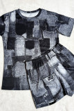 Black Gray Casual Print Patchwork O Neck Short Sleeve Two Pieces