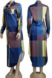 Navy Blue Casual Striped Print Patchwork Buckle Turndown Collar Shirt Dress Dresses
