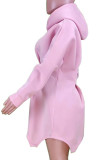 ピンク カジュアル ソリッド パッチワーク 非対称 フード付き カラー ロング スリーブ ドレス