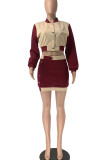 Burgundy Casual Solid Patchwork Buckle Cardigan Collar Long Sleeve Two Pieces