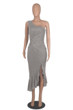 Grey Street Solid Flounce One Shoulder Irregular Dress Dresses