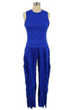 Blue Fashion Casual Solid Tassel Patchwork O Neck Sleeveless Two Pieces
