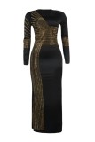 Gold Sexy Patchwork Hot Drilling Slit O Neck Long Sleeve Dresses