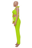 Fluorescent Pink Sexy Solid Bandage Hollowed Out Patchwork Backless Fold Halter Sleeveless Two Pieces
