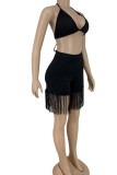 Black Sexy Solid Tassel Patchwork Halter Sleeveless Two Pieces