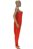 Tangerine Red Casual Solid Patchwork Asymmetrical Oblique Collar Loose Jumpsuits
