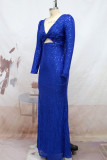 Blaues sexy festes ausgehöhltes Pailletten-Patchwork-Schlitz-V-Ausschnitt-Abendkleid-Kleider