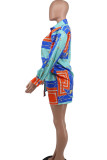 Blue Casual Print Patchwork Buckle Turndown Collar Long Sleeve Two Pieces