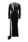 Black Sexy Solid Hollowed Out Patchwork Slit Turtleneck Evening Dress Dresses
