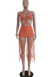 Rose Red Sexy Solid Tassel Hollowed Out Patchwork Backless Swimwears Cover Up