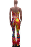 Multicolor Sexy Print Tie Dye Patchwork Fold Spaghetti Strap Sleeveless Two Pieces