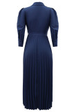 Blauwe elegante effen patchwork frenulum vouw POLO kraag geplooide jurken (met riem)