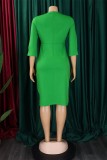 Green Casual Solid Patchwork Fold O Neck Pencil Skirt Dresses