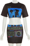 Blue Casual Street Print Patchwork O Neck Half Sleeve Two Pieces