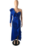 Синее модное сексуальное однотонное вечернее платье в стиле пэчворк с разрезом на одно плечо Платья