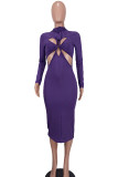 Purple Sexy Solid Hollowed Out Half A Turtleneck Long Sleeve Dresses