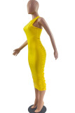 Yellow Sexy Solid Ripped Patchwork O Neck One Step Skirt Dresses