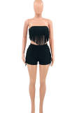 Black Sexy Solid Tassel Patchwork Strapless Sleeveless Two Pieces