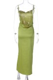 Grüne sexy feste rückenfreie Schlitz-Spaghetti-Bügel-lange Kleid-Kleider