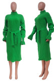 Verde Casual Sólido Vendaje Patchwork Cuello alto Un paso Falda Vestidos