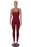 Red Casual Sportswear Solid Patchwork Spaghetti Strap Skinny Jumpsuits