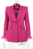 Rose Red Party Solid Patchwork Feathers Turn-back Collar Outerwear