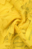 Amarillo sexy sólido patchwork transparente sin espalda correa de espagueti sin mangas de dos piezas