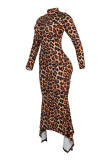 Leopardenmuster Mode Casual Print Asymmetrische Rollkragen Langarm Kleider