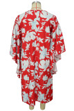 Cyan Casual Sweet Street Patchwork floral Vestido com decote em O irregular Vestidos tamanho grande