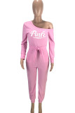 ピンク カジュアル レタープリント パッチワーク 斜め襟 レギュラー ジャンプスーツ