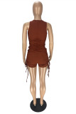 Brownness Sexy Casual Solid Fold O Neck Off Shoulder Skinny Romper