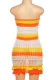 Yellow Sexy Patchwork Backless Contrast Strapless Wrapped Skirt Dresses