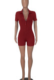 Red Casual Solid Patchwork Buttons Turndown Collar Skinny Rompers